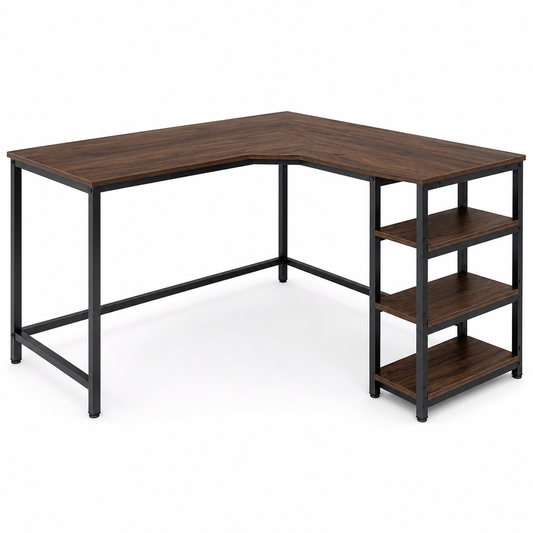Kompakter Eckschreibtisch Walnussoptik mit Regal 120x120 cm