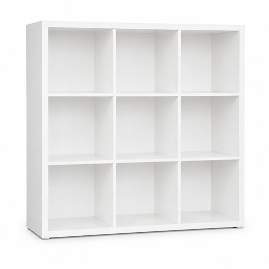 Modulares Würfelregal Weiß mit neun Fächern 110x30x110 cm