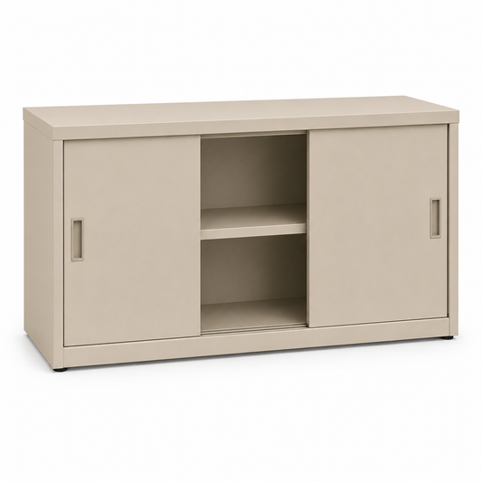 Niedriger Büroschrank Sandbeige mit Schiebetüren 120x40x85 cm