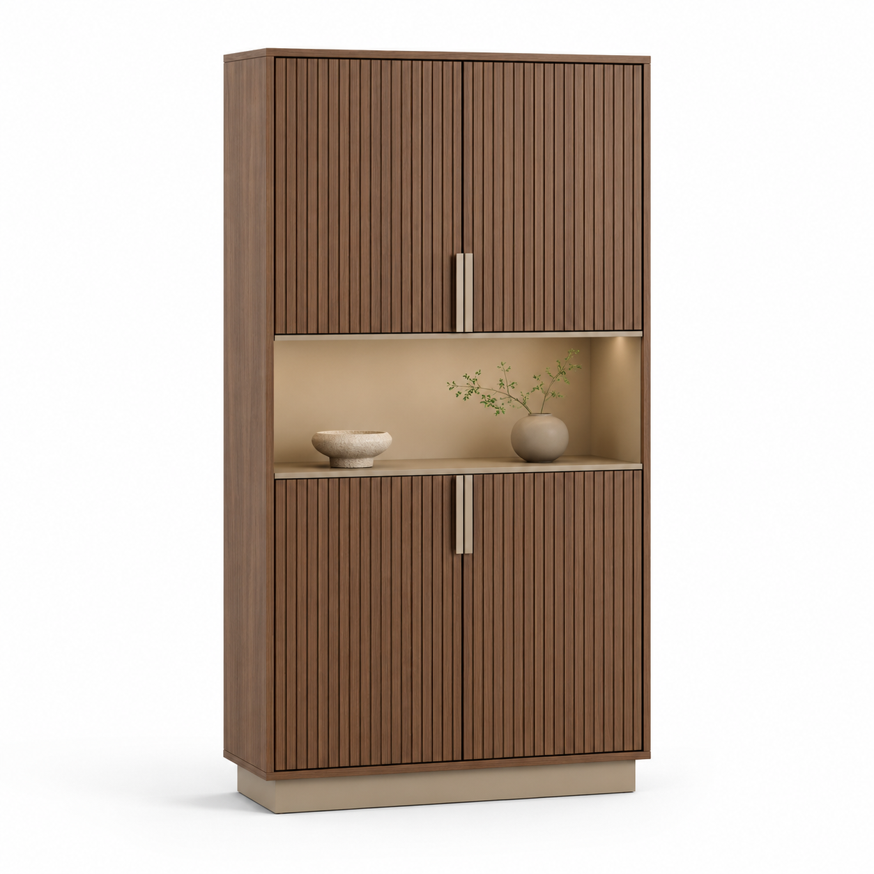 Japandi Büroschrank Walnuss Beige mit Lamellenfront 90x40x160 cm