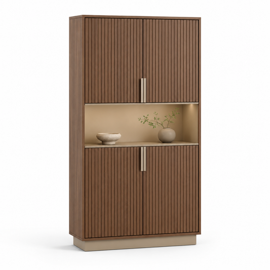 Japandi Büroschrank Walnuss Beige mit Lamellenfront 90x40x160 cm